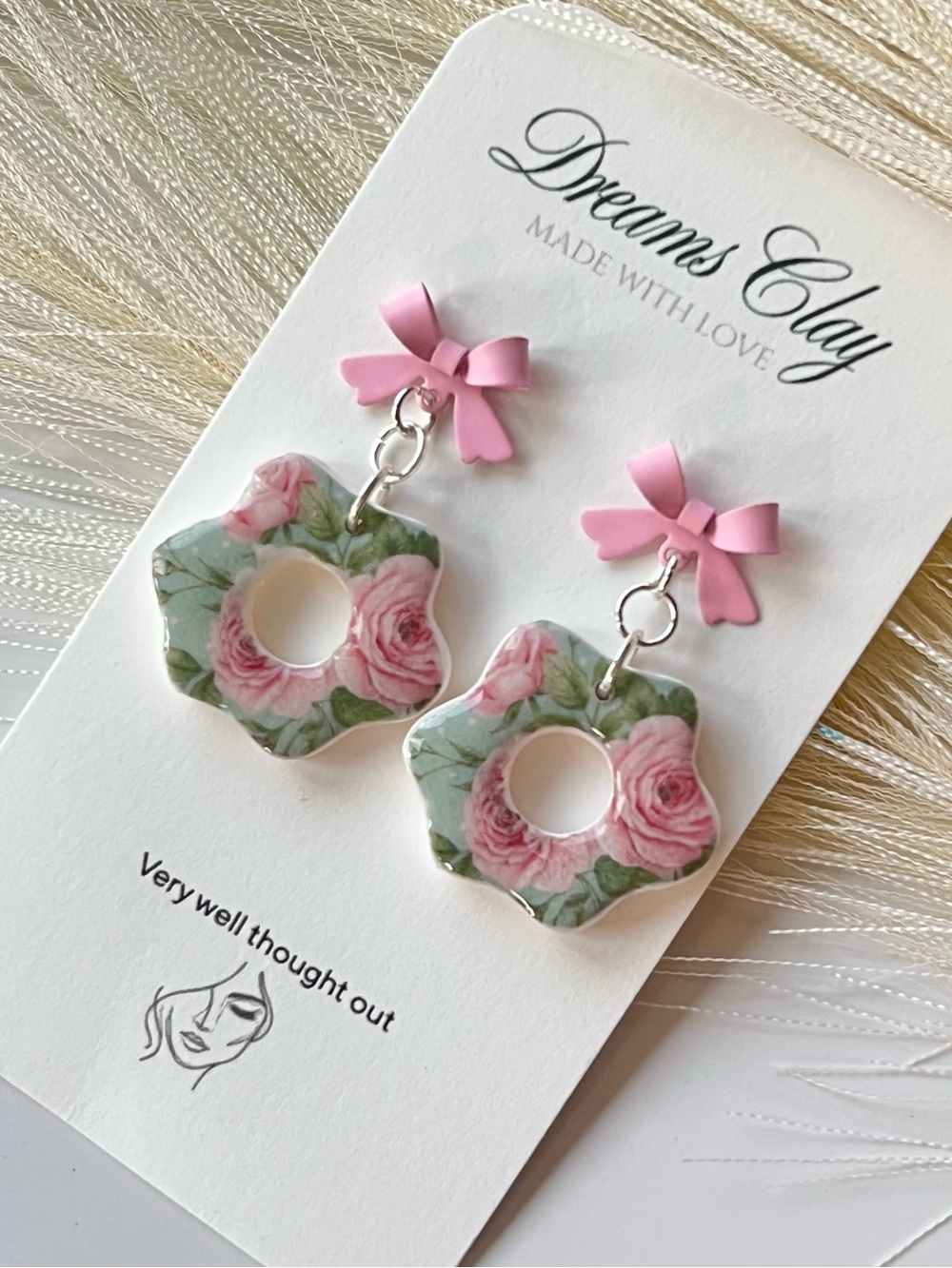 Pink Bow Floral Resin Dangle Earrings